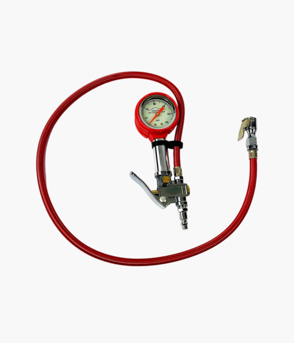 Freedom EZ-Rapid Tire Inflator with Gauge, 60 PSI 
c/w Extra long 3' hose, glow-in-the-dark gauge face, chrome trim, red rubber boot protector and storage bag